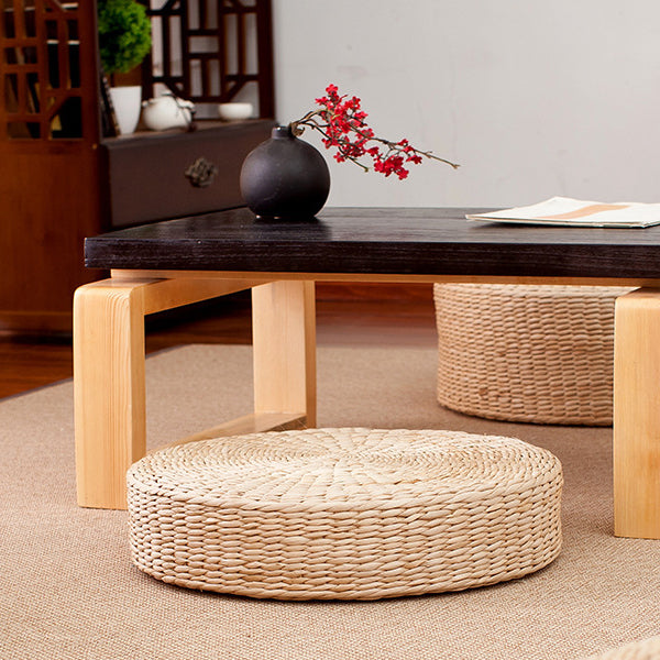 Traditional Japanese Weaving Rush Grass Cotton Round Cushion Low Stool Stackable For Living Room