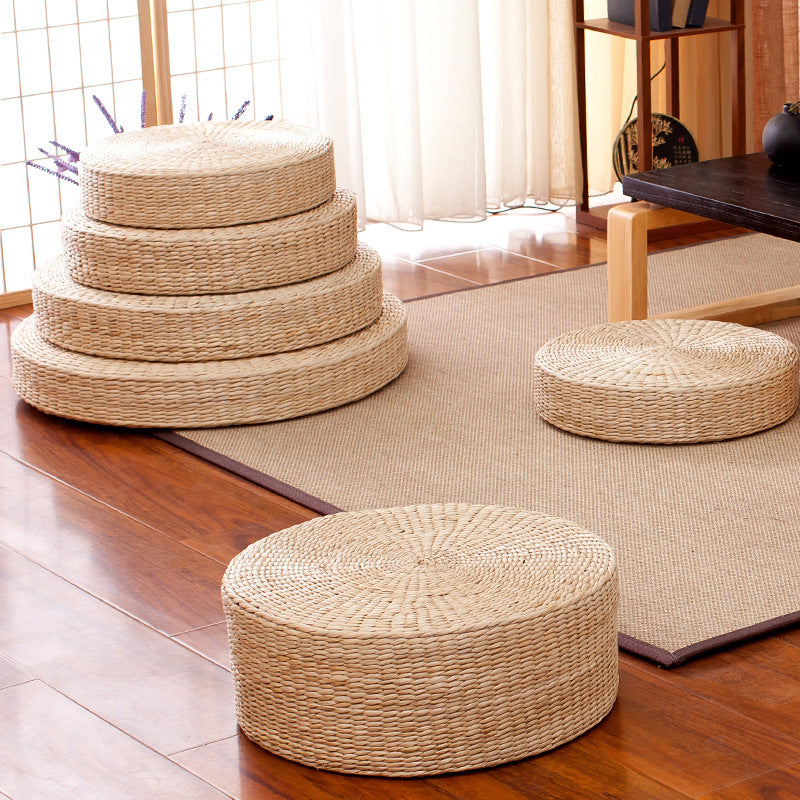 Traditional Japanese Weaving Rush Grass Cotton Round Cushion Low Stool Stackable For Living Room