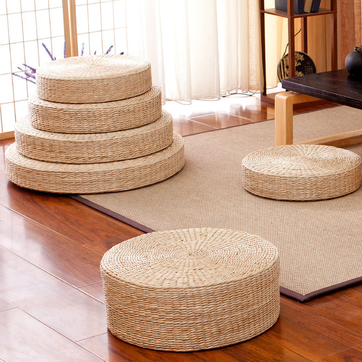 Traditional Japanese Weaving Rush Grass Cotton Round Cushion Low Stool Stackable For Living Room