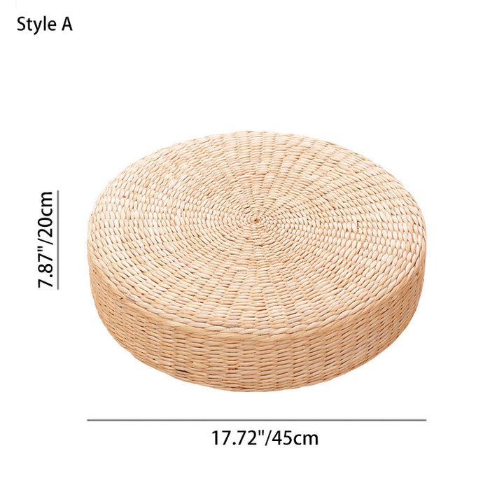 Traditional Japanese Weaving Rush Grass Cotton Round Cushion Low Stool Stackable For Living Room