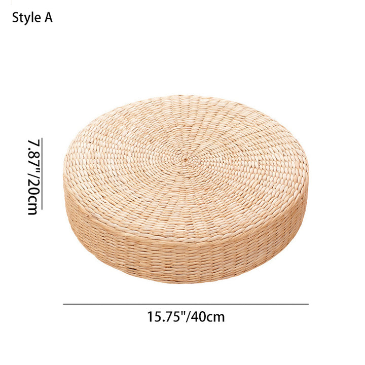 Traditional Japanese Weaving Rush Grass Cotton Round Cushion Low Stool Stackable For Living Room