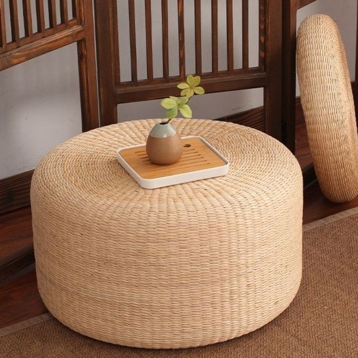 Traditional Japanese Weaving Rush Grass Cotton Round Cushion Low Stool Stackable For Living Room