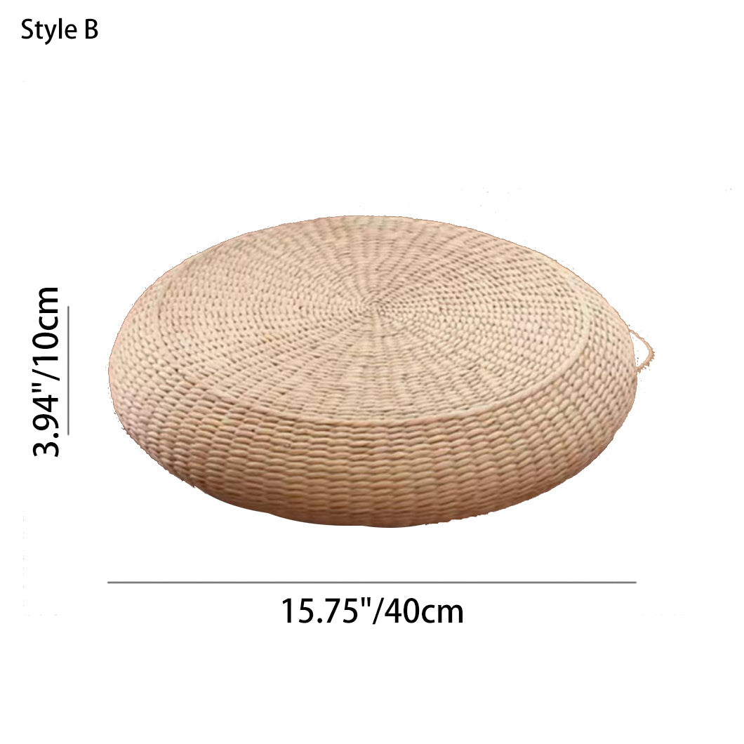 Traditional Japanese Weaving Rush Grass Cotton Round Cushion Low Stool Stackable For Living Room