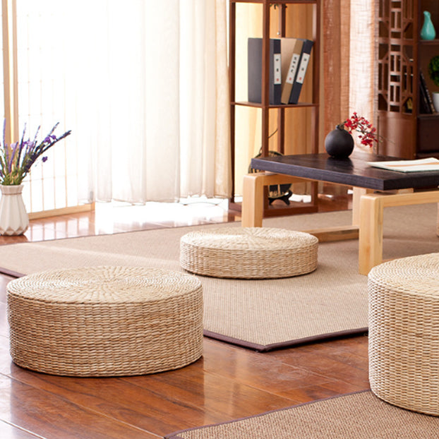 Traditional Japanese Weaving Rush Grass Cotton Round Cushion Low Stool Stackable For Living Room
