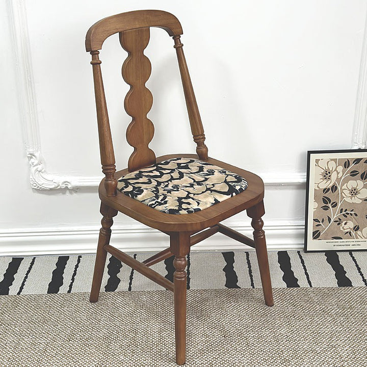 Traditional French Rubber Wood Fabric Microfiber Leather Square Beaded Back Dining Chair With Backrest For Dining Room