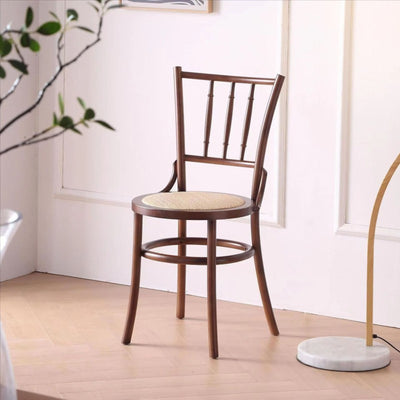 Contemporary Retro Beech Wood & Rattan Round Dining Chair With Backrest And Footrest For Dining Room