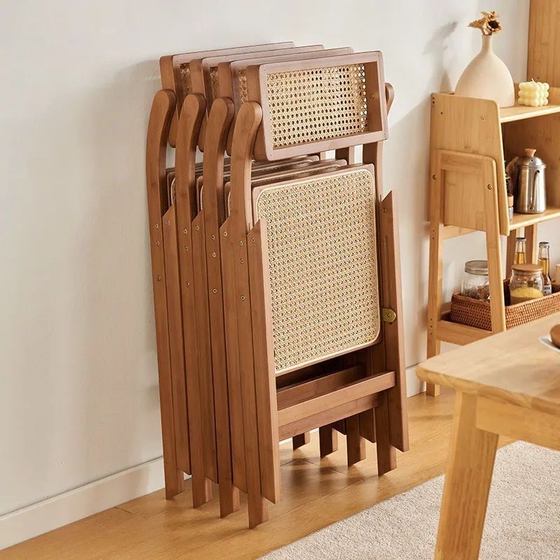 Traditional Japanese Bamboo &amp; Rattan Weaving Square Foldable Weaving Dining Chair With Backrest And Footrest For Kitchen Or Dining Room