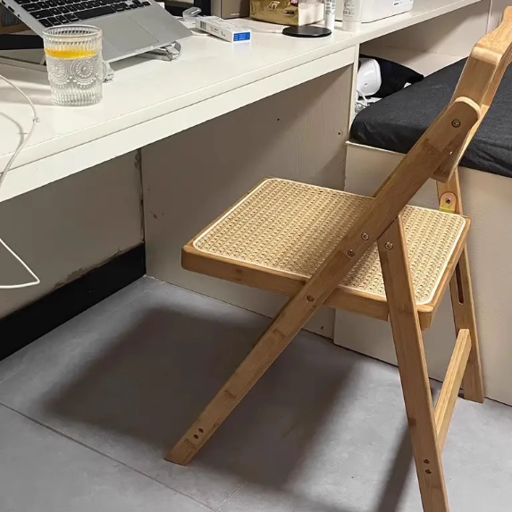 Traditional Japanese Bamboo &amp; Rattan Weaving Square Foldable Weaving Dining Chair With Backrest And Footrest For Kitchen Or Dining Room