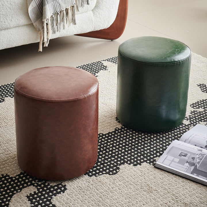 Zeitgenössischer Retro-Ölwachs-Leder-Holz-Rundknopf-Stapelbarer Fußhocker für Eingang &amp; Wohnzimmer 
