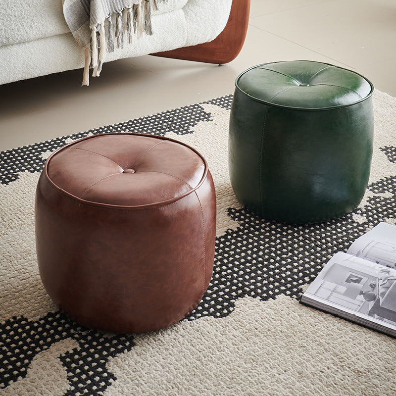 Zeitgenössischer Retro-Ölwachs-Leder-Holz-Rundknopf-Stapelbarer Fußhocker für Eingang &amp; Wohnzimmer 