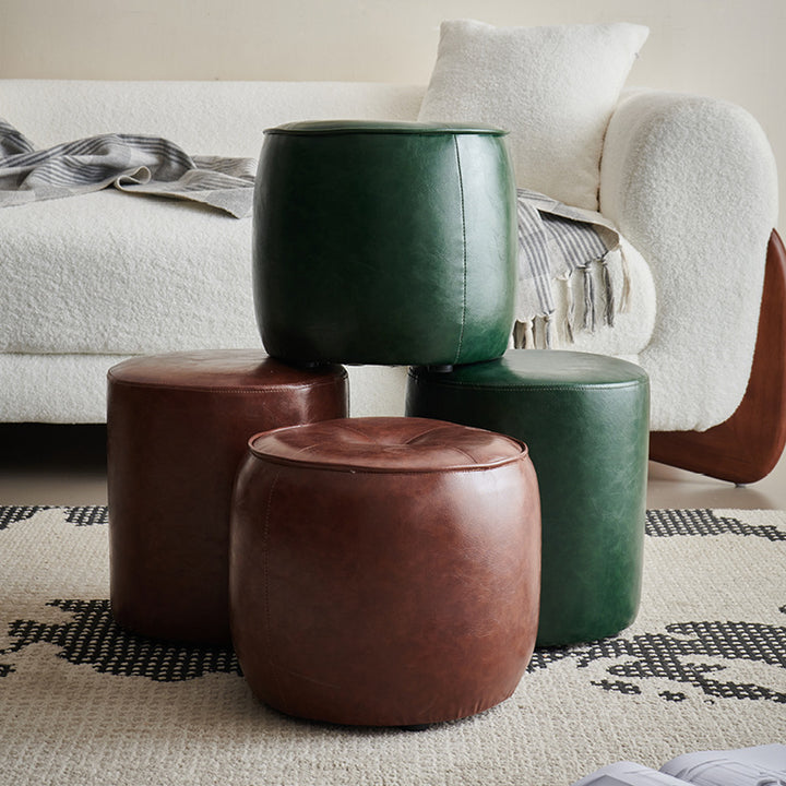 Zeitgenössischer Retro-Ölwachs-Leder-Holz-Rundknopf-Stapelbarer Fußhocker für Eingang &amp; Wohnzimmer 