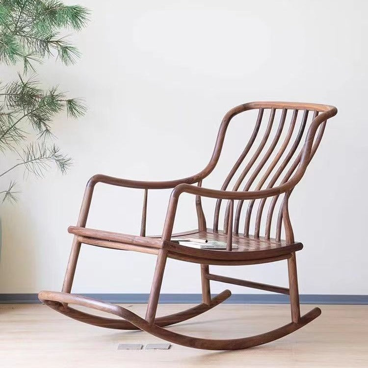 Traditional Chinese Elmwood Linear Square Rocking Chair With Armrest And Backrest For Living Room