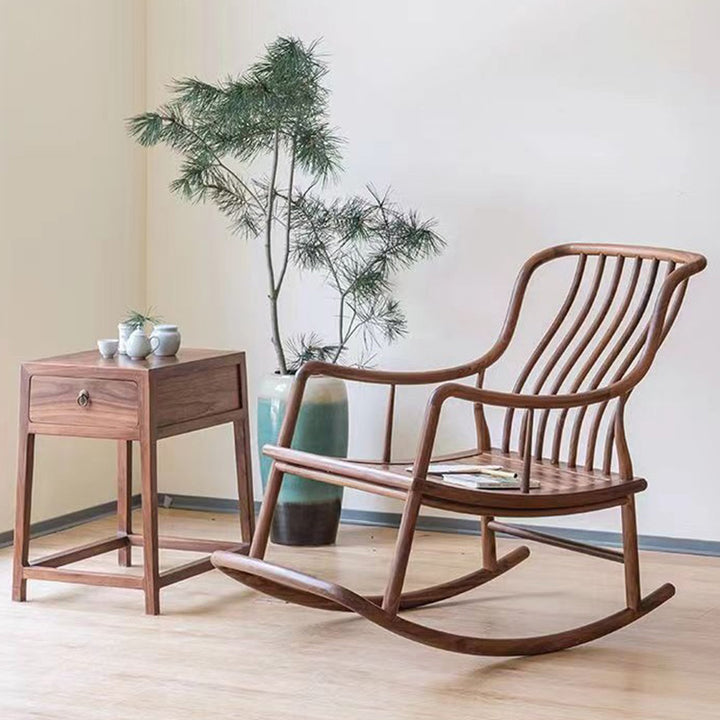 Chaise berçante carrée linéaire en orme chinois traditionnel avec accoudoir et dossier pour salon 