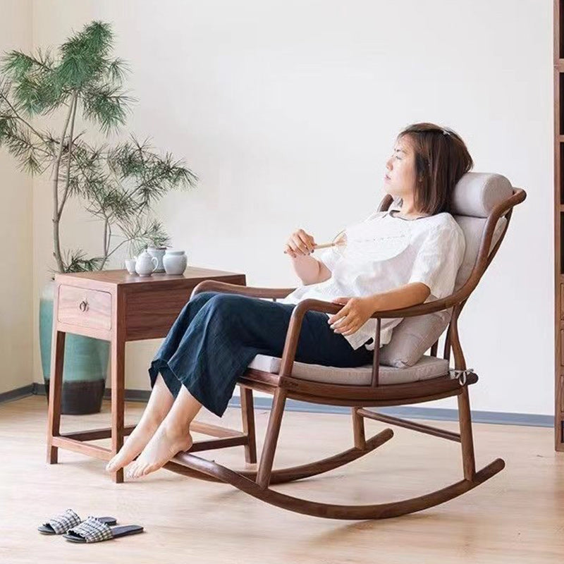 Traditional Chinese Elmwood Linear Square Rocking Chair With Armrest And Backrest For Living Room