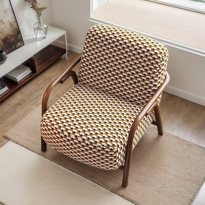 Zeitgenössischer Retro-Stoff Kohlenstoffstahl Jacquard Quadrat Akzentstuhl Mit Rückenlehne Und Armlehnen Für Wohnzimmer 