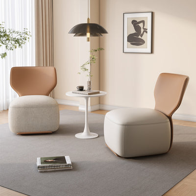 Fauteuil d'accent pivotant carré en bois nordique contemporain, cuir et coton-lin avec dossier pour salon 