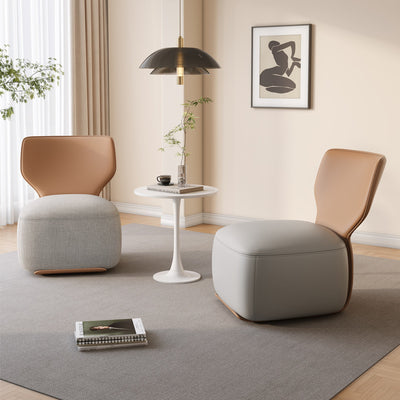 Fauteuil d'accent pivotant carré en bois nordique contemporain, cuir et coton-lin avec dossier pour salon 