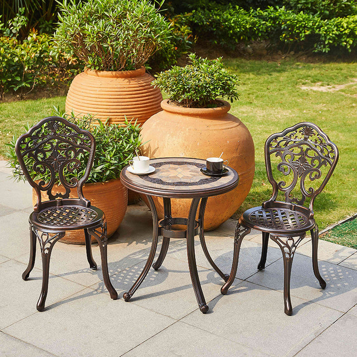 Chaise d'accent ronde en aluminium moulé étanche traditionnel européen avec motif d'orchidée et dossier pour patio extérieur 