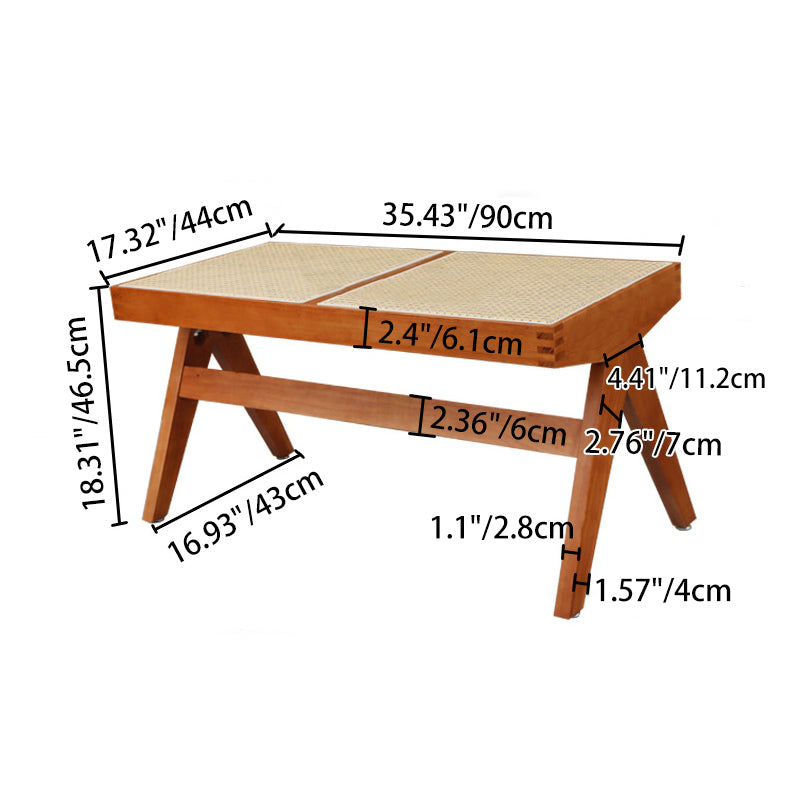 Banco rectangular de madera de caucho japonés tradicional y ratán con patas en V y asiento tejido a mano para la entrada y la sala de estar 
