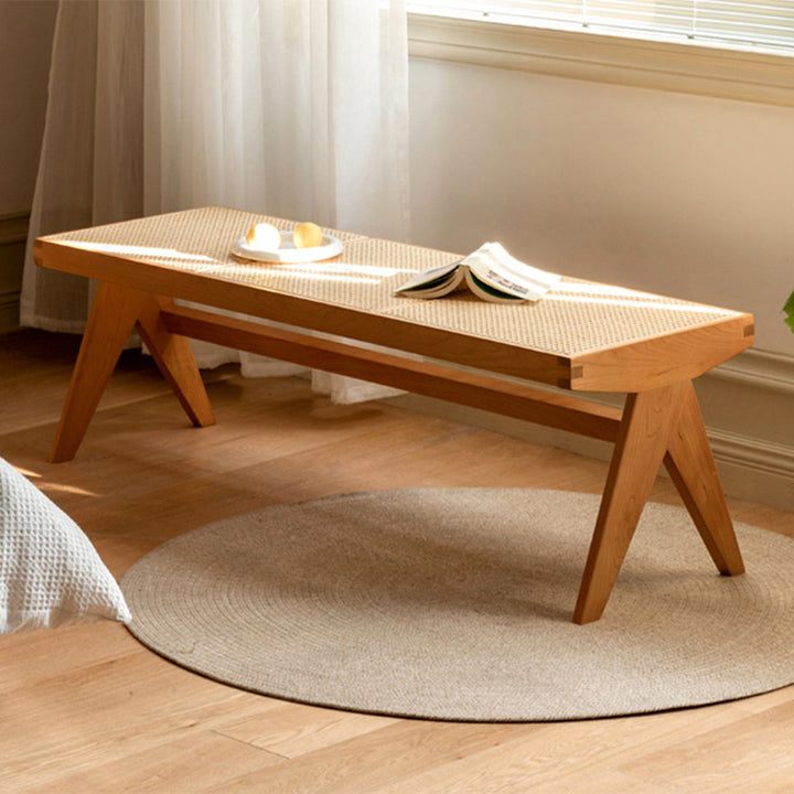 Banc rectangulaire en bois de caoutchouc japonais traditionnel et rotin avec pieds en V et siège tissé à la main pour entrée et salon 