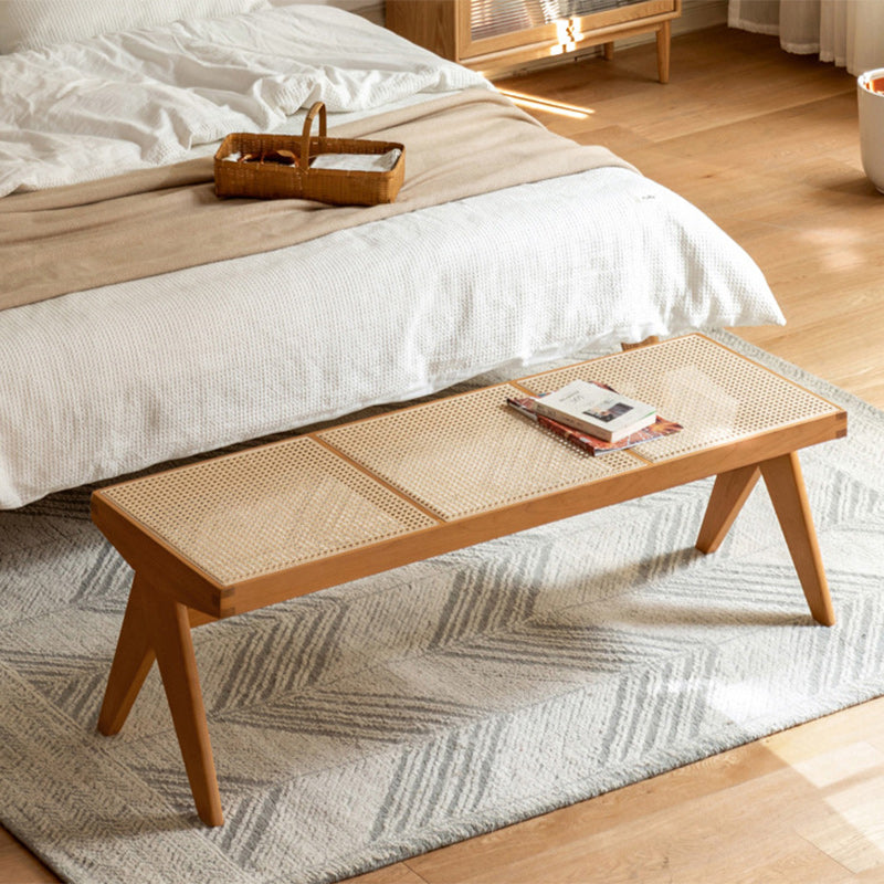 Banc rectangulaire en bois de caoutchouc japonais traditionnel et rotin avec pieds en V et siège tissé à la main pour entrée et salon 