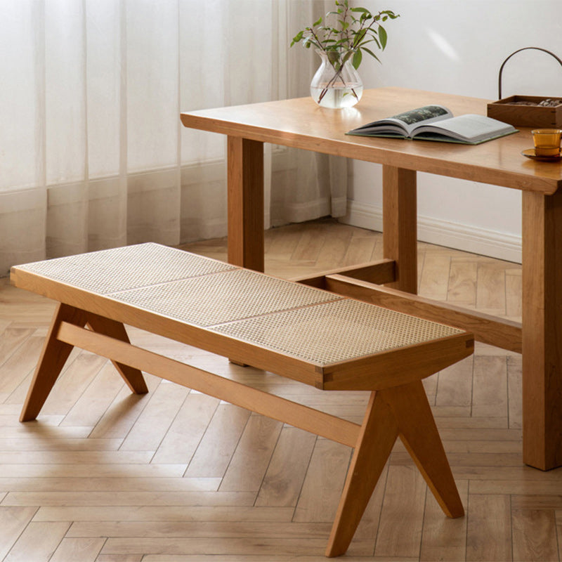 Banc rectangulaire en bois de caoutchouc japonais traditionnel et rotin avec pieds en V et siège tissé à la main pour entrée et salon 