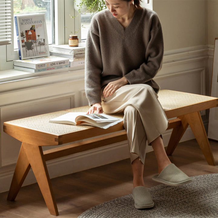 Banc rectangulaire en bois de caoutchouc japonais traditionnel et rotin avec pieds en V et siège tissé à la main pour entrée et salon 