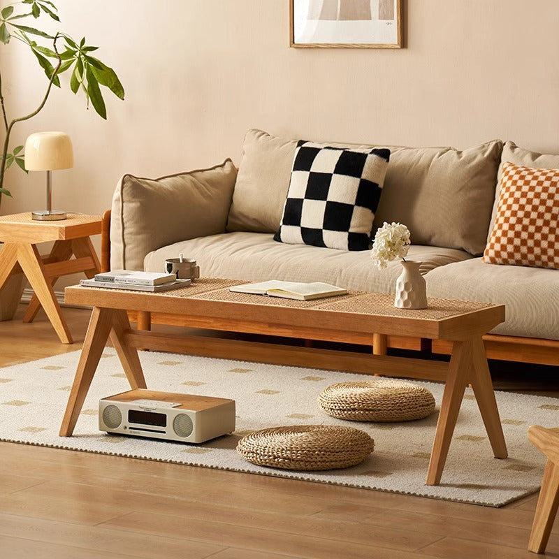 Banc rectangulaire en bois de caoutchouc japonais traditionnel et rotin avec pieds en V et siège tissé à la main pour entrée et salon 