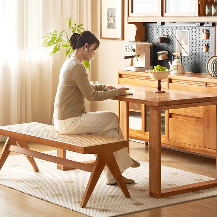 Banc rectangulaire en bois de caoutchouc japonais traditionnel et rotin avec pieds en V et siège tissé à la main pour entrée et salon 