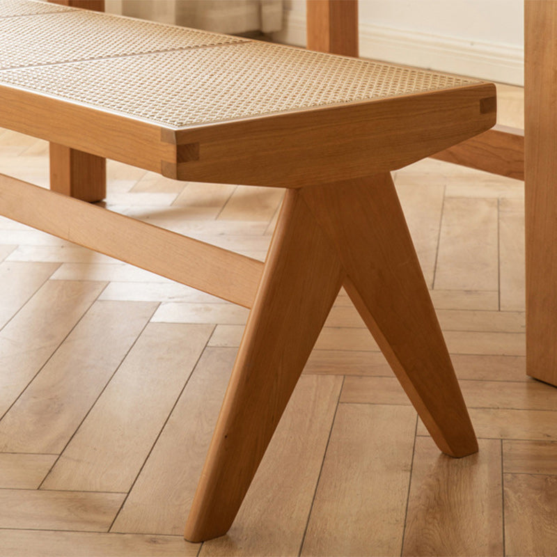 Banc rectangulaire en bois de caoutchouc japonais traditionnel et rotin avec pieds en V et siège tissé à la main pour entrée et salon 