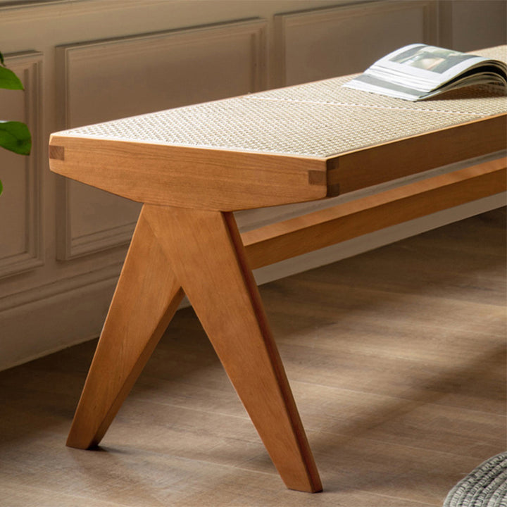 Banc rectangulaire en bois de caoutchouc japonais traditionnel et rotin avec pieds en V et siège tissé à la main pour entrée et salon 