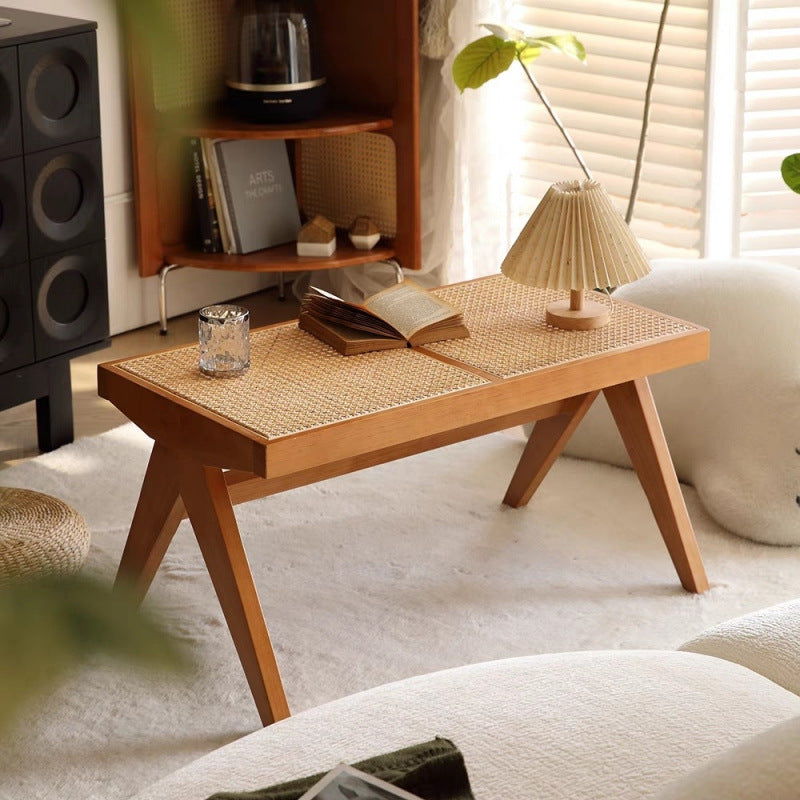 Banc rectangulaire en bois de caoutchouc japonais traditionnel et rotin avec pieds en V et siège tissé à la main pour entrée et salon 