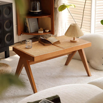 Banco rectangular de madera de caucho japonés tradicional y ratán con patas en V y asiento tejido a mano para la entrada y la sala de estar 