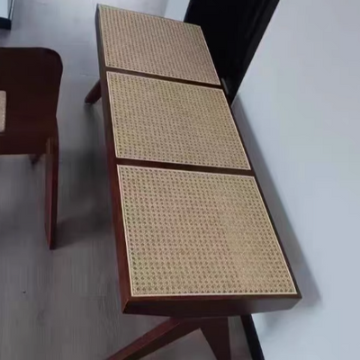 Banco rectangular de madera de caucho japonés tradicional y ratán con patas en V y asiento tejido a mano para la entrada y la sala de estar 