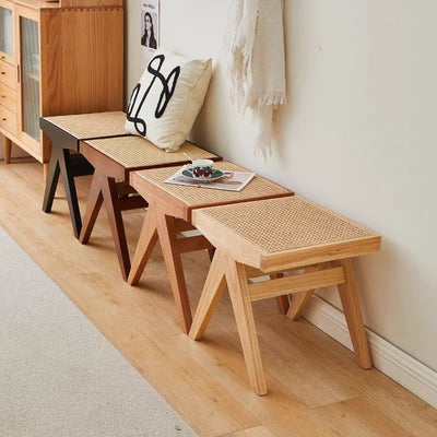 Banco rectangular de madera de caucho japonés tradicional y ratán con patas en V y asiento tejido a mano para la entrada y la sala de estar 