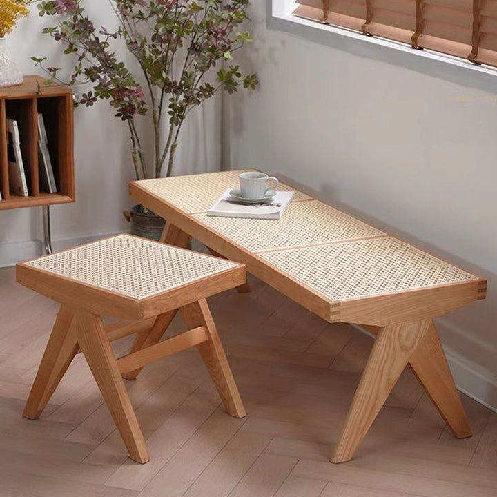 Banc rectangulaire en bois de caoutchouc japonais traditionnel et rotin avec pieds en V et siège tissé à la main pour entrée et salon 