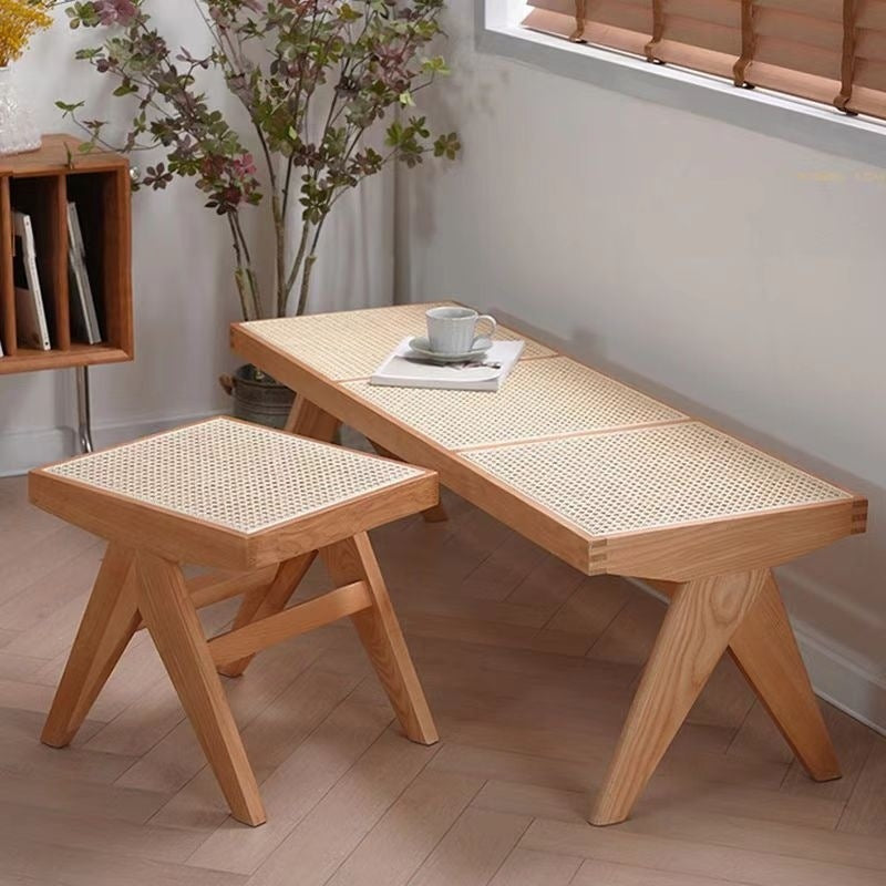 Banco rectangular de madera de caucho japonés tradicional y ratán con patas en V y asiento tejido a mano para la entrada y la sala de estar 