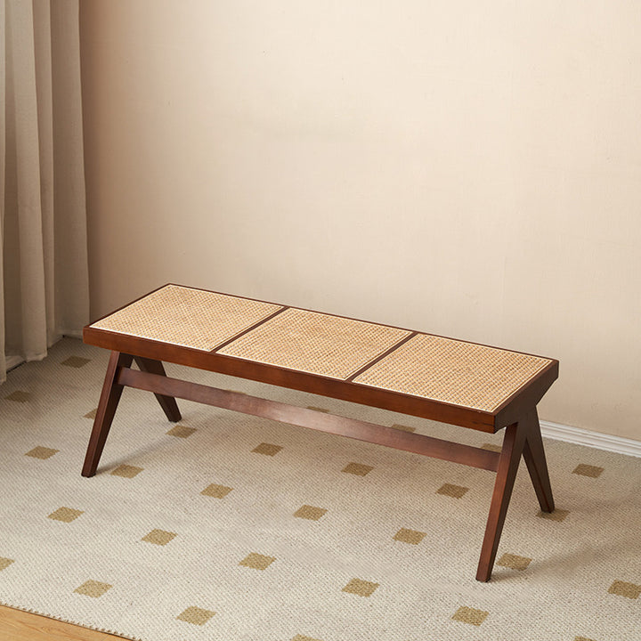 Banc rectangulaire en bois de caoutchouc japonais traditionnel et rotin avec pieds en V et siège tissé à la main pour entrée et salon 