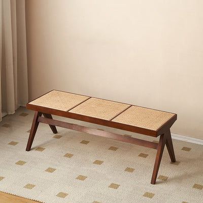 Banco rectangular de madera de caucho japonés tradicional y ratán con patas en V y asiento tejido a mano para la entrada y la sala de estar 