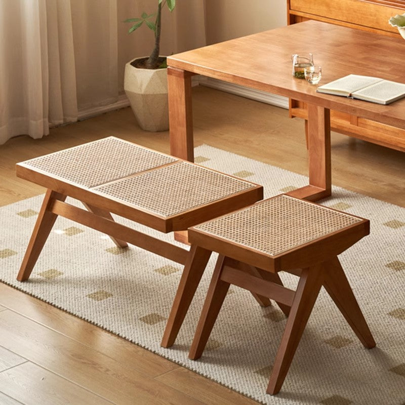 Banco rectangular de madera de caucho japonés tradicional y ratán con patas en V y asiento tejido a mano para la entrada y la sala de estar 