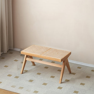Banco rectangular de madera de caucho japonés tradicional y ratán con patas en V y asiento tejido a mano para la entrada y la sala de estar 