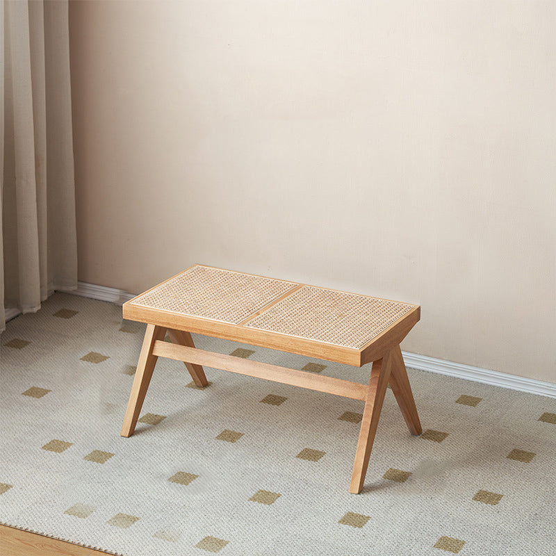 Banco rectangular de madera de caucho japonés tradicional y ratán con patas en V y asiento tejido a mano para la entrada y la sala de estar 