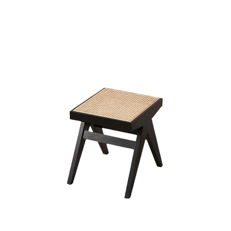 Banco rectangular de madera de caucho japonés tradicional y ratán con patas en V y asiento tejido a mano para la entrada y la sala de estar 