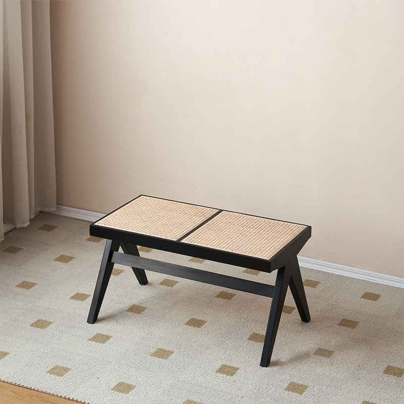 Banc rectangulaire en bois de caoutchouc japonais traditionnel et rotin avec pieds en V et siège tissé à la main pour entrée et salon 