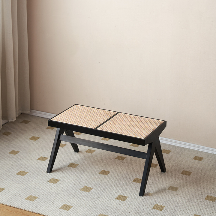 Banc rectangulaire en bois de caoutchouc japonais traditionnel et rotin avec pieds en V et siège tissé à la main pour entrée et salon 