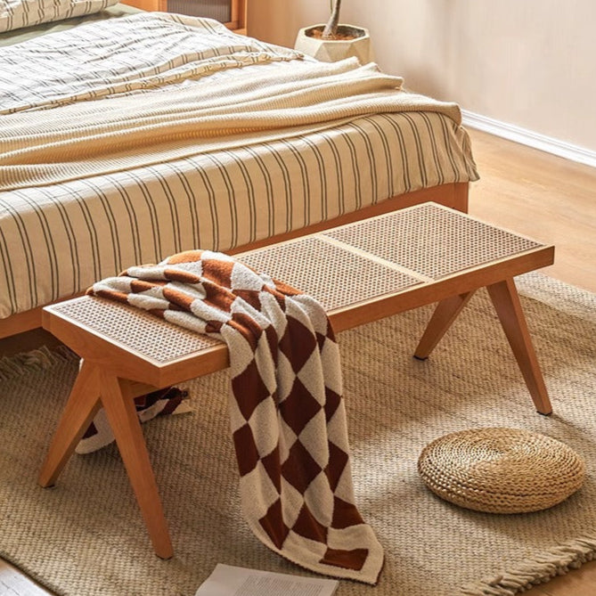 Banco rectangular de madera de caucho japonés tradicional y ratán con patas en V y asiento tejido a mano para la entrada y la sala de estar 