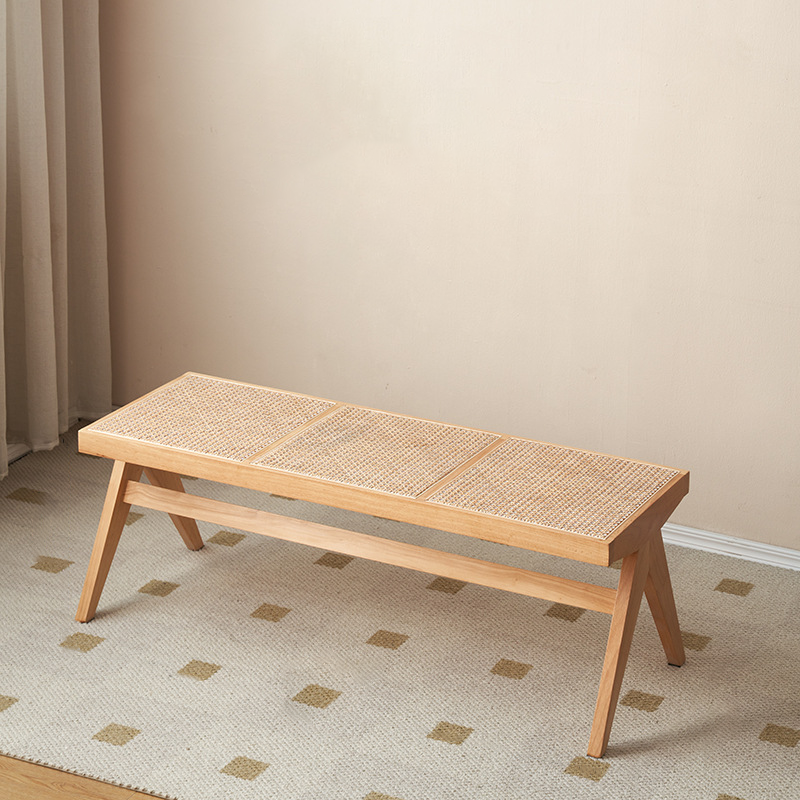 Banc rectangulaire en bois de caoutchouc japonais traditionnel et rotin avec pieds en V et siège tissé à la main pour entrée et salon 