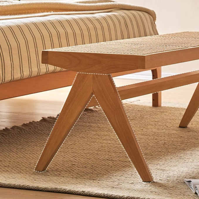 Banc rectangulaire en bois de caoutchouc japonais traditionnel et rotin avec pieds en V et siège tissé à la main pour entrée et salon 