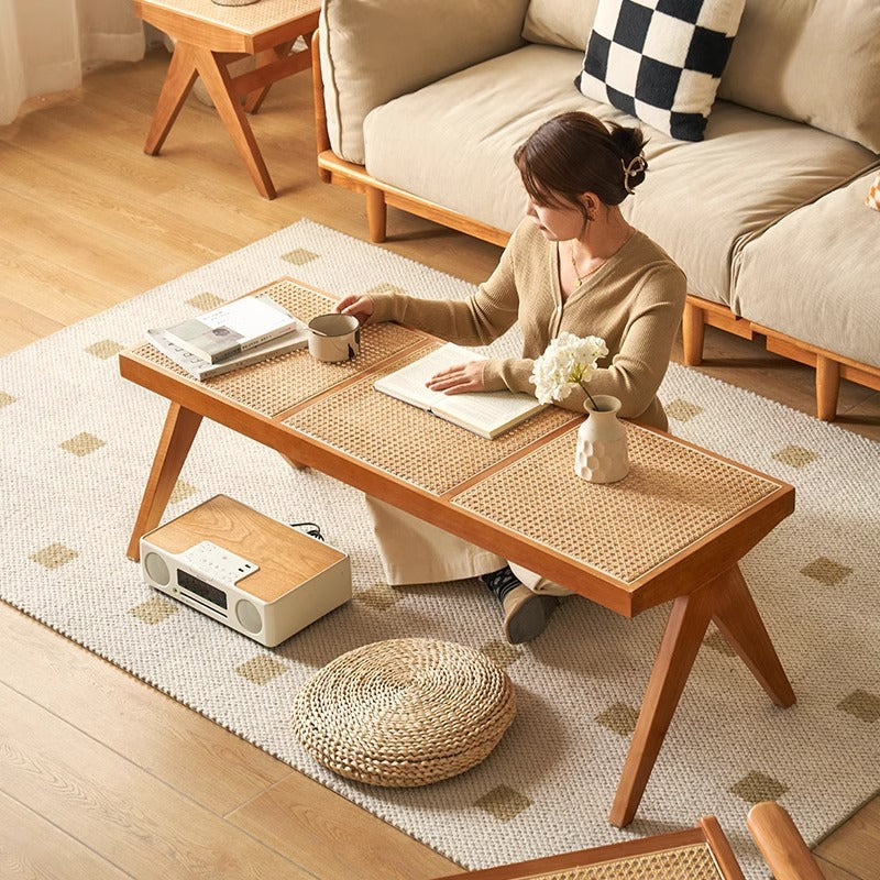 Banc rectangulaire en bois de caoutchouc japonais traditionnel et rotin avec pieds en V et siège tissé à la main pour entrée et salon 