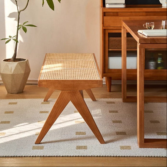 Banc rectangulaire en bois de caoutchouc japonais traditionnel et rotin avec pieds en V et siège tissé à la main pour entrée et salon 